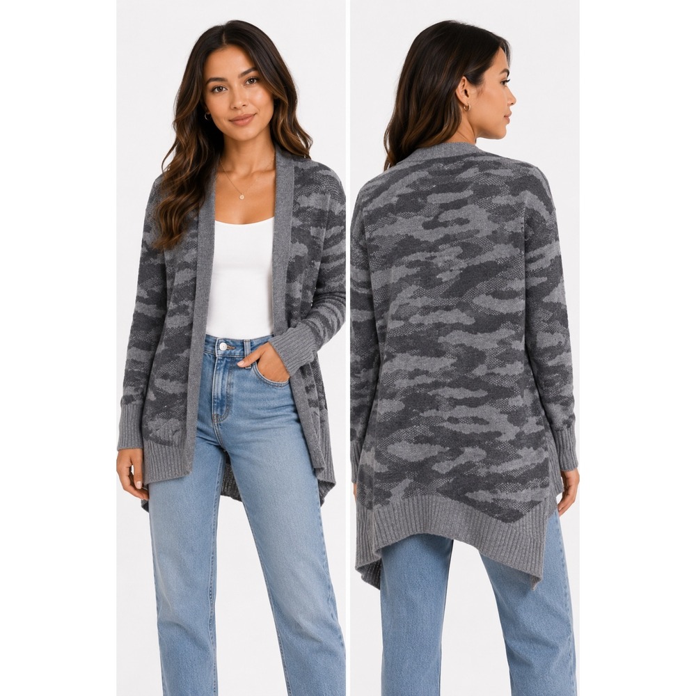 William Rast Cardigan Women Medium Grey Camo Open Front Knit Sweater‎ Military